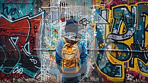 Young male observing colorful urban graffiti art on wall