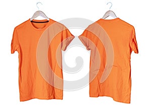 Young male in orange t-shirt Roll up sleeves template tranparent background tee wooden hanger on empty background for man design