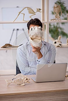 Young male paleontologist examining ancient animals at lab