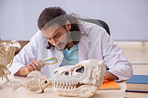 Young male paleontologist in front of the whiteboard