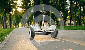 Young male person riding on gyroboard in park