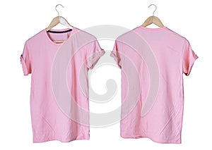 Young male in pink t-shirt Roll up sleeves template tranparent background tee wooden hanger on empty background for man design