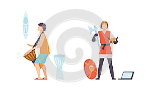 Young Male Playing Drum and Wearing Viking Costume for Role Play Vector Set