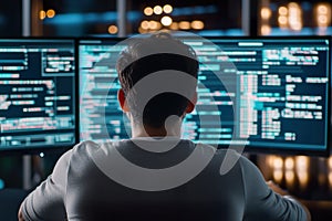 Young male programmer working on computers in a dark office