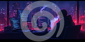 Night Coder Immersed in Code with Cyberpunk City View