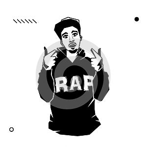 Young male rapper with pointing hands