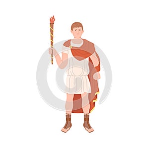 Joven masculino romano agotador largo tiempo sayo a sandalias cómo tradicional la ropa posesión antorcha ilustraciones 
