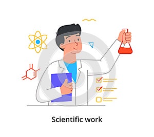 Young male scientist is holding test tube with red liquid in laboratory on white background