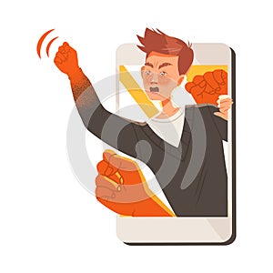 Young Male Showing Clenched Fist Feeling Agression and Hatred Engaged in Cyberbullying Vector Illustration