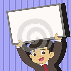 Young Male Student Raising Empty Framed Board. Smiling Boy in Tie Holding Upward Blank Whiteboard Above his Head