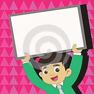 Young Male Student Raising Empty Framed Board. Smiling Boy in Tie Holding Upward Blank Whiteboard Above his Head