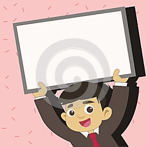 Young Male Student Raising Empty Framed Board. Smiling Boy in Tie Holding Upward Blank Whiteboard Above his Head