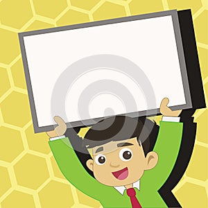 Young Male Student Raising Empty Framed Board. Smiling Boy in Tie Holding Upward Blank Whiteboard Above his Head