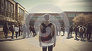 Young male student standing in front of a high school building, Other students are in the background.