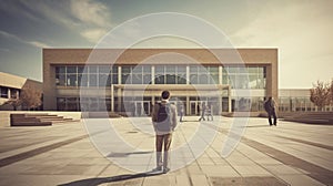 Young male student standing in front of a high school building, Other students are in the background.