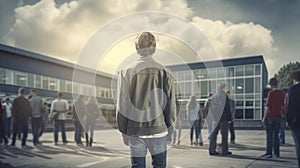 Young male student standing in front of a high school building, Other students are in the background.