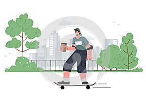 Young male teen with headphones riding a skateboard in the park,listening to music,podcasts,summer.Vector illustration.