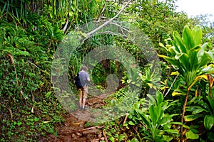 Young male tourist hiking on the famous Kalalau trail along Na Pali coast of the island of Kauai