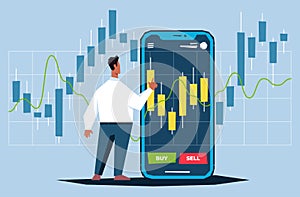 Young male trader flat vector illustration, diagrams on mobile application