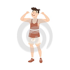 Young Male in Training Top and Shorts at Gym Showing His Biceps Vector Illustration