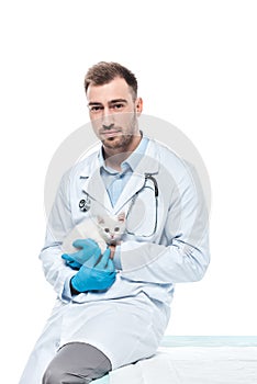 young male veterinarian sitting on table with kitten