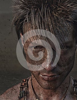 Young male warrior with muddy face