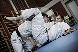 Young males practicing judo together.