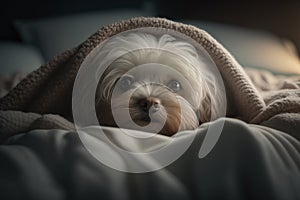 A young Maltese dog under a blanket. The pet is basking under the plaid. The concept of caring for pets.