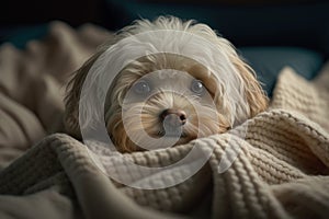A young Maltipoo dog under a blanket. The pet is basking under the plaid. The concept of caring for pets.