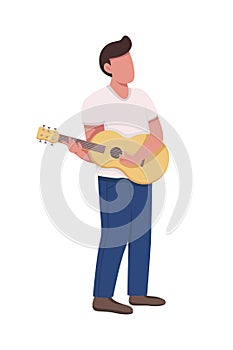 Young man with acoustic guitar semi flat color vector character