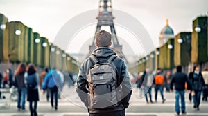 A young man alone sightseeing contemplating the Eiffel Tower in Paris. Generative Ai