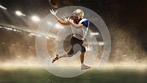 Young man american football player at stadium in motion. Action, activity, sportlife concept. Flyer for ad, design.