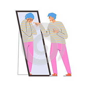 Young man angry scolds and annoys himself near the mirror, unhappy crying in the reflection, vector male with mental