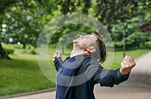 A young man in anticipation of victory