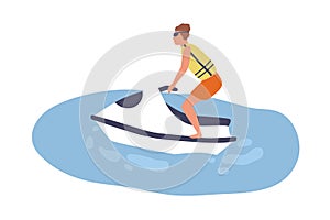 Young man on aquabike. Male character riding jetski. Scene of summer extreme recreation or jet skiing. Sportsman on