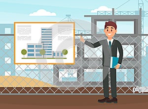 Young Man Architect and Engineer Worker in Suit Showing Project Blueprint Vector Illustration