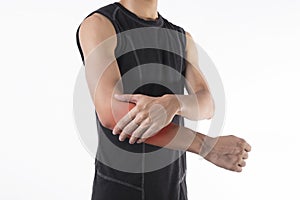 Man arm and elbow joint pain on white background.