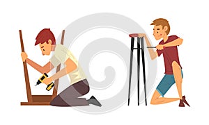 Young Man Assembling Wooden Stool with Screwdriver and Drill Engaged in Manual House Work Vector Set