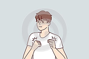 Young man athlete with knowledge in martial arts in white T-shirt stands in boxer pose. Vector image