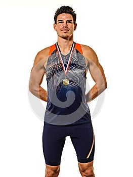 Young man athletics athetle gold medalist isolated white background