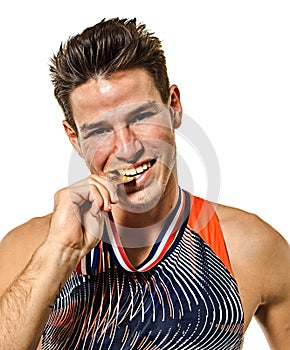 Young man athletics athetle gold medalist isolated white background