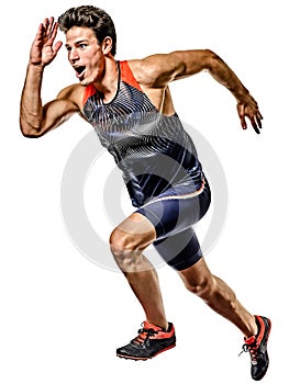 Young man athletics runner running sprinter sprinting isolated white background