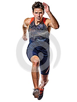 Young man athletics runner running sprinter sprinting isolated white background