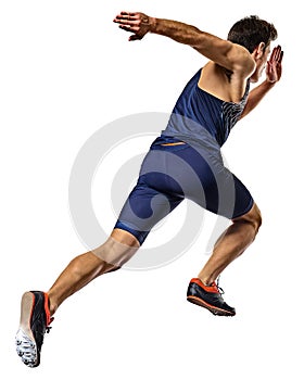 Young man athletics runner running sprinter sprinting isolated white background