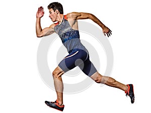 Young man athletics runner running sprinter sprinting isolated white background