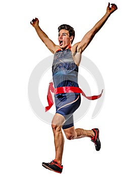 Young man athletics runner running sprinter sprinting isolated white background