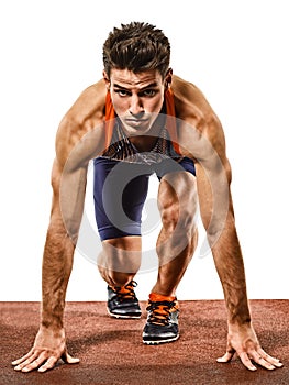 Young man athletics runner running sprinter sprinting isolated white background