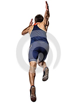 Young man athletics runner running sprinter sprinting isolated white background