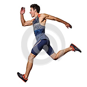 Young man athletics runner running sprinter sprinting isolated white background