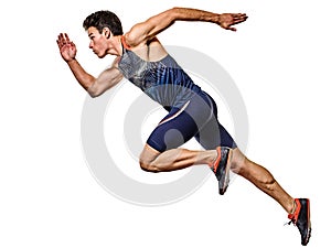 Young man athletics runner running sprinter sprinting isolated white background photo